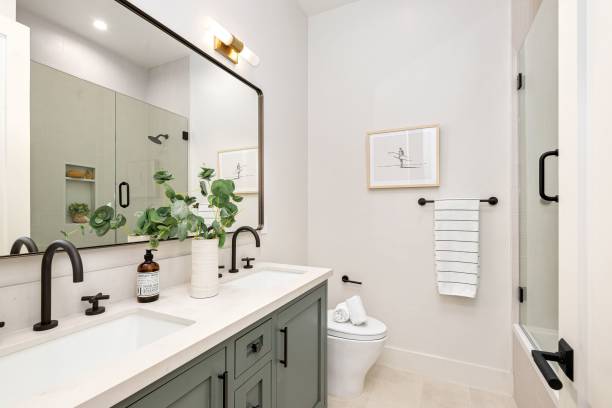 Modern bathroom interior with dual sinks, large mirror, and elegant decor in a bright setting.